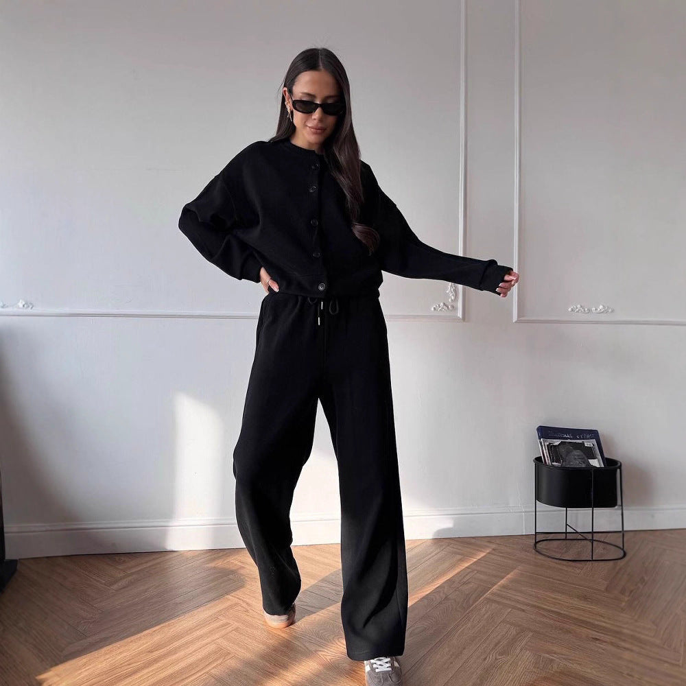 Damen Zweiteiliges Loungewear-Set aus Sweat mit geknöpfter Cropped-Jacke und weiter Kordelzughose EB