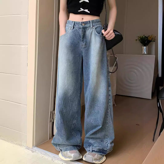 Damen Weite Denim-Hose mit hohem Taillenbund und lässigem Schnitt EB