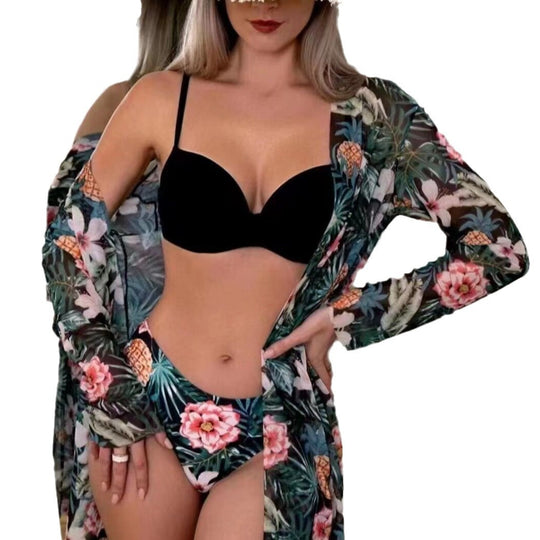 Damen Strand-Bikini mit floralen Verzierungen und elegantem Kimono EB
