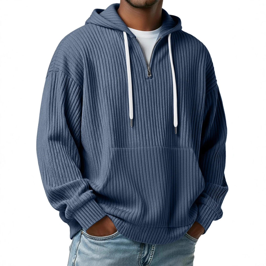 Herren nan gerippter Halfzip-Hoodie mit Kapuze, Kängurutasche und oversized Casual-Schnitt EB