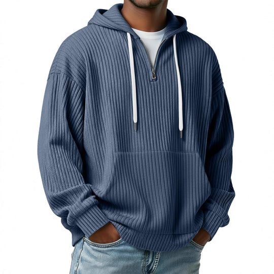 Herren nan gerippter Halfzip-Hoodie mit Kapuze, Kängurutasche und oversized Casual-Schnitt EB
