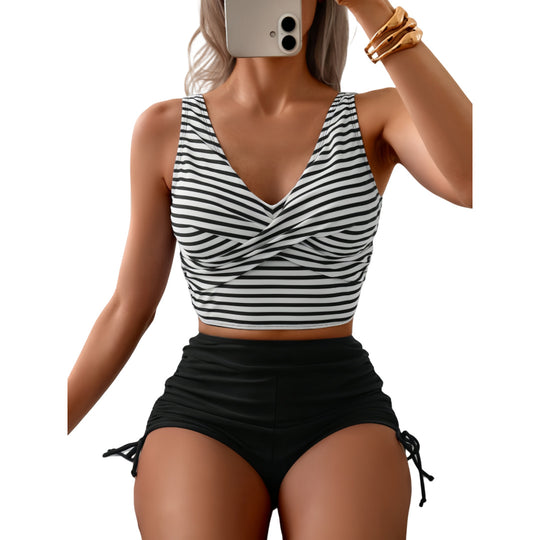 Damen Crop-Top und hochgeschnittene Shorts mit Wickeldesign EB