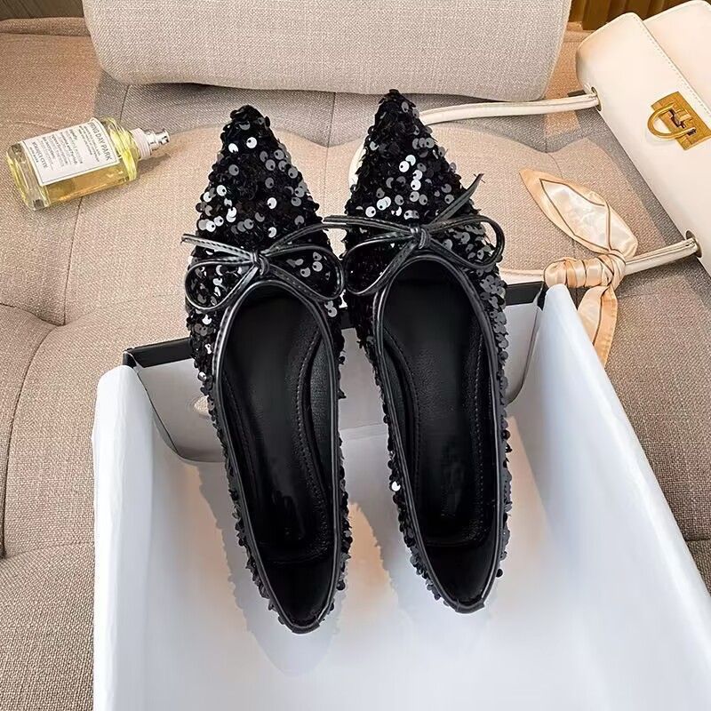 Damen funkelnde Ballerinas mit spitzem Zehenbereich und dekorativem Paillettenschmuck EB