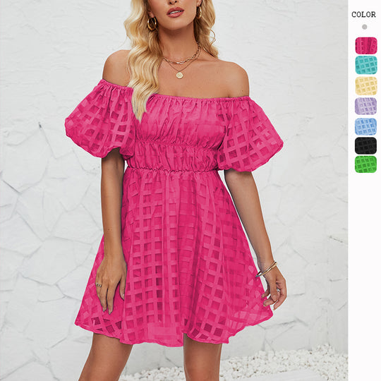 Damen Freizeitkleid im modernen Karomuster mit Puffärmeln und elastischer Taille EB