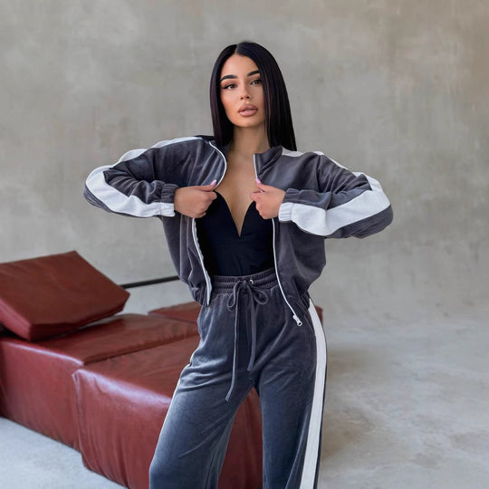 Damen weiches Samt Trainingsanzug Set mit Reißverschlussjacke und elastischer Tunnelzughose EB