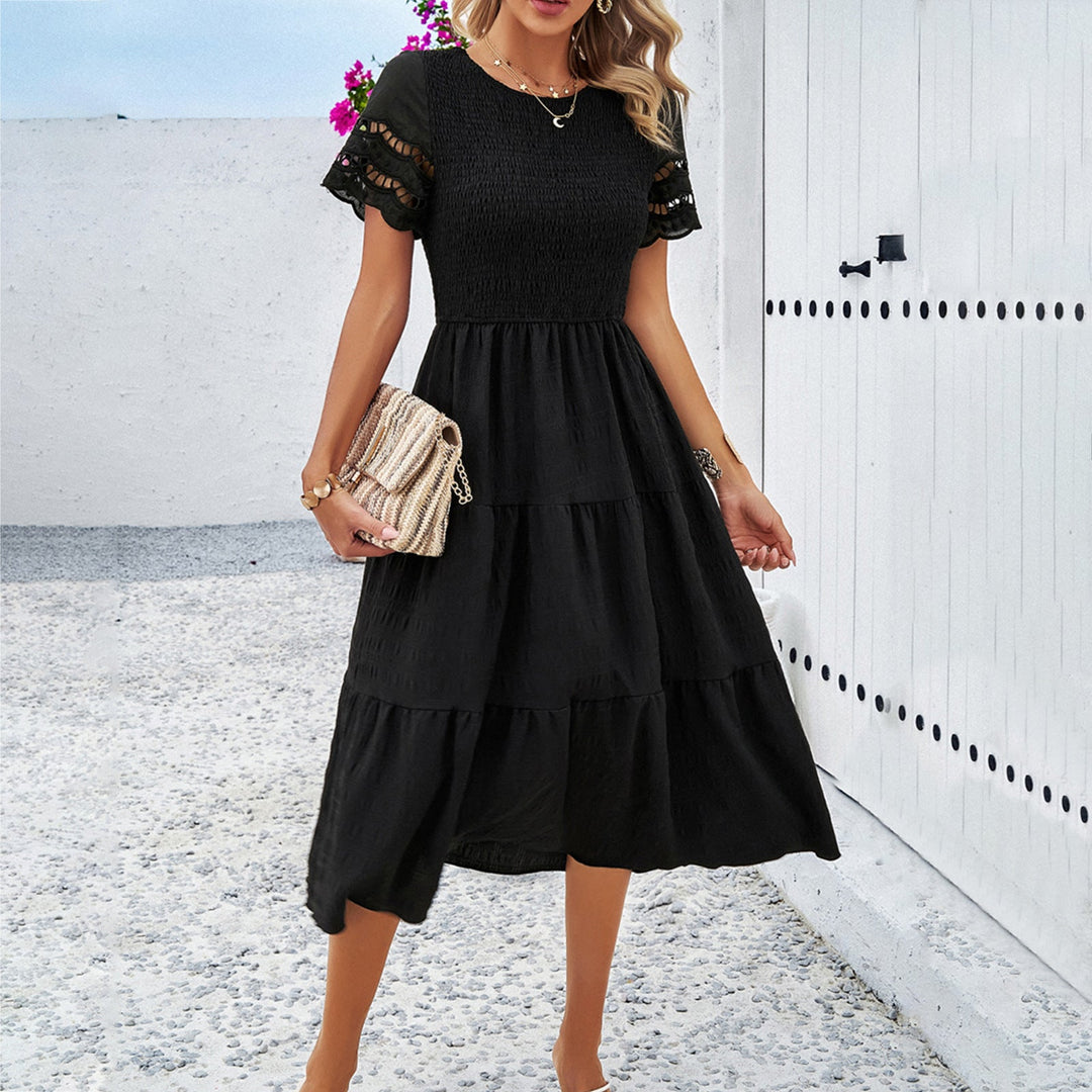 Damen Midikleid mit Puffärmeln und Elastischem Oberteil EB