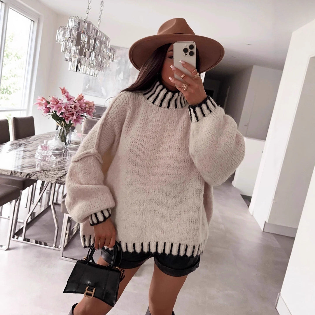 Damen lässiger Grobstrickpullover mit voluminösen Ärmeln und hohem Kragen EB