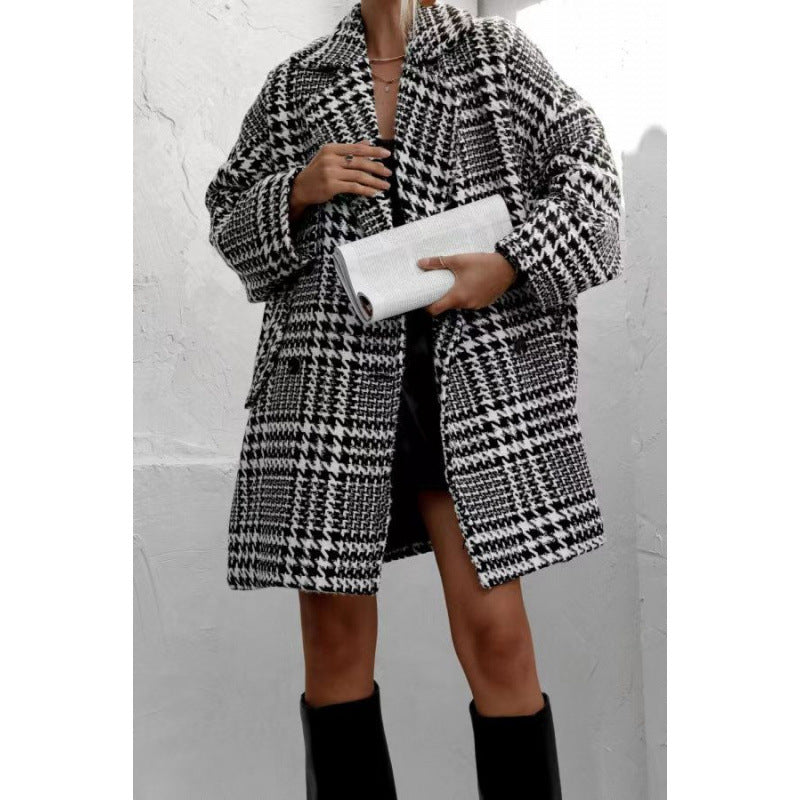 Damen Oversized Wollmantel mit Karomuster und hoher Kragenführung EB