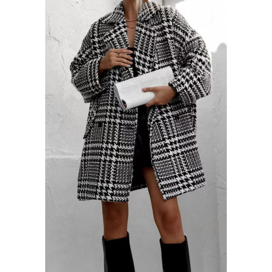 Damen Oversized Wollmantel mit Karomuster und hoher Kragenführung EB