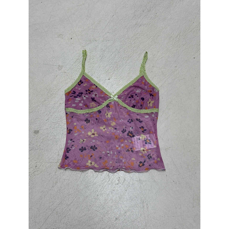 Damen Blumen Spaghetti Trägertop mit feinen Rüschendetails EB