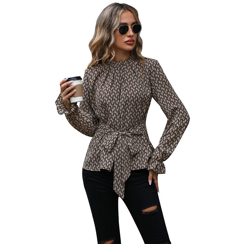 Damen elegante Bluse mit raffiniertem Bindegürtel und langen Ärmeln EB