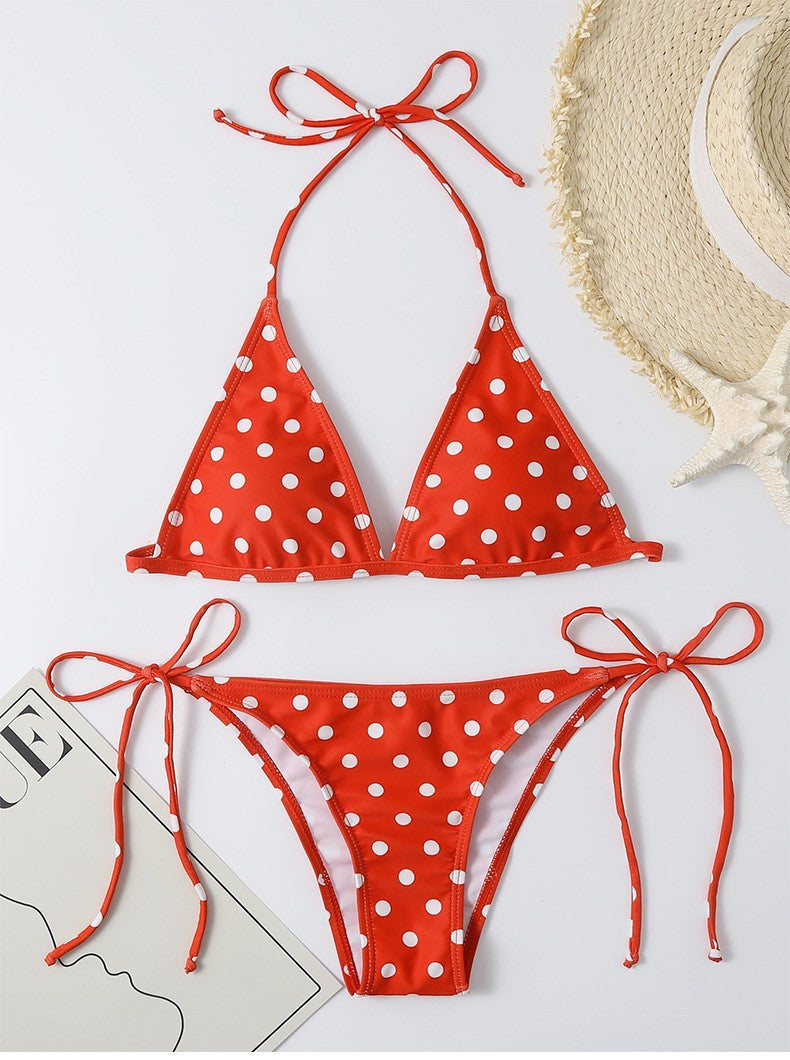 Damen Triangel-Bikini mit hochwertigem Punktmuster und verstellbaren Bändern EB