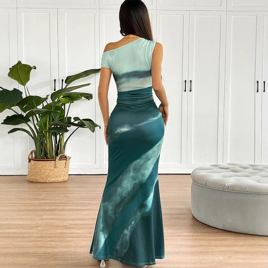 Damen Maxikleid mit asymmetrischem Ausschnitt und fließendem Schnitt EB