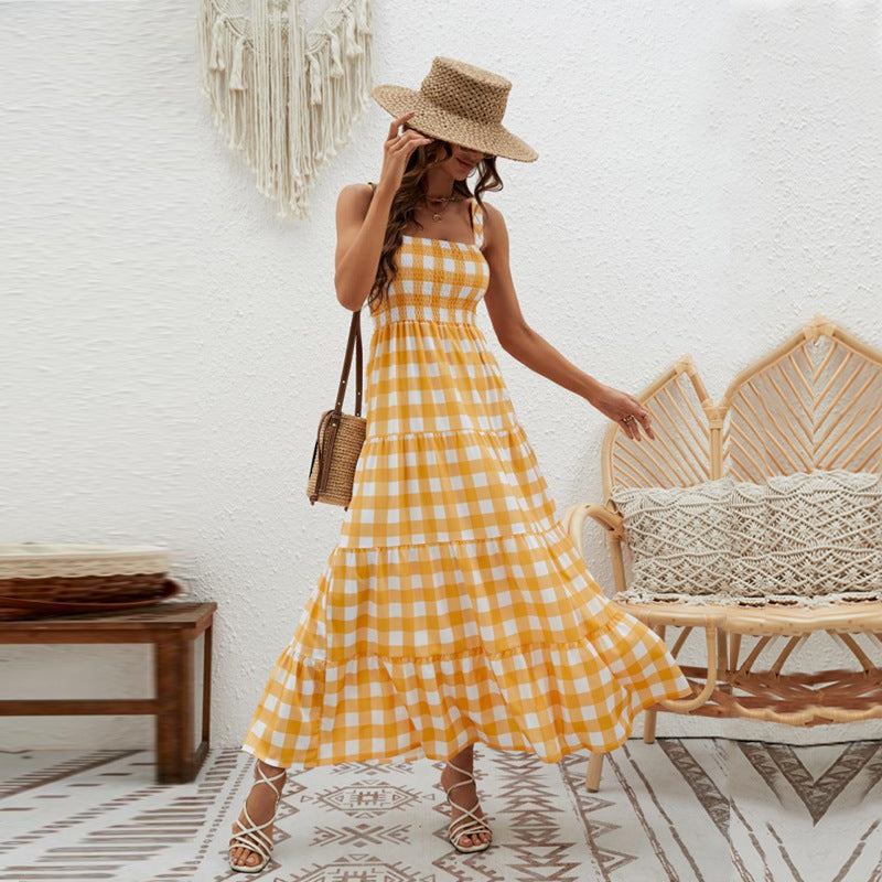 Damen Maxikleid mit Karo-Muster und elastischem Oberteil EB