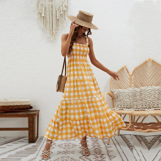 Damen Maxikleid mit Karo-Muster und elastischem Oberteil EB