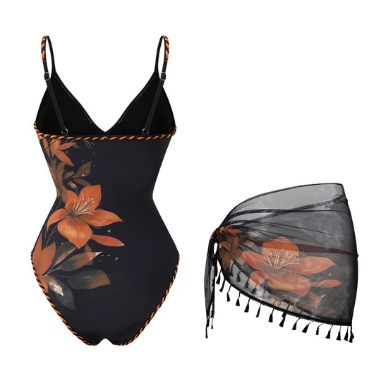 Damen Mode-Badeanzug mit floralem Design und transparentem Wickelrock EB