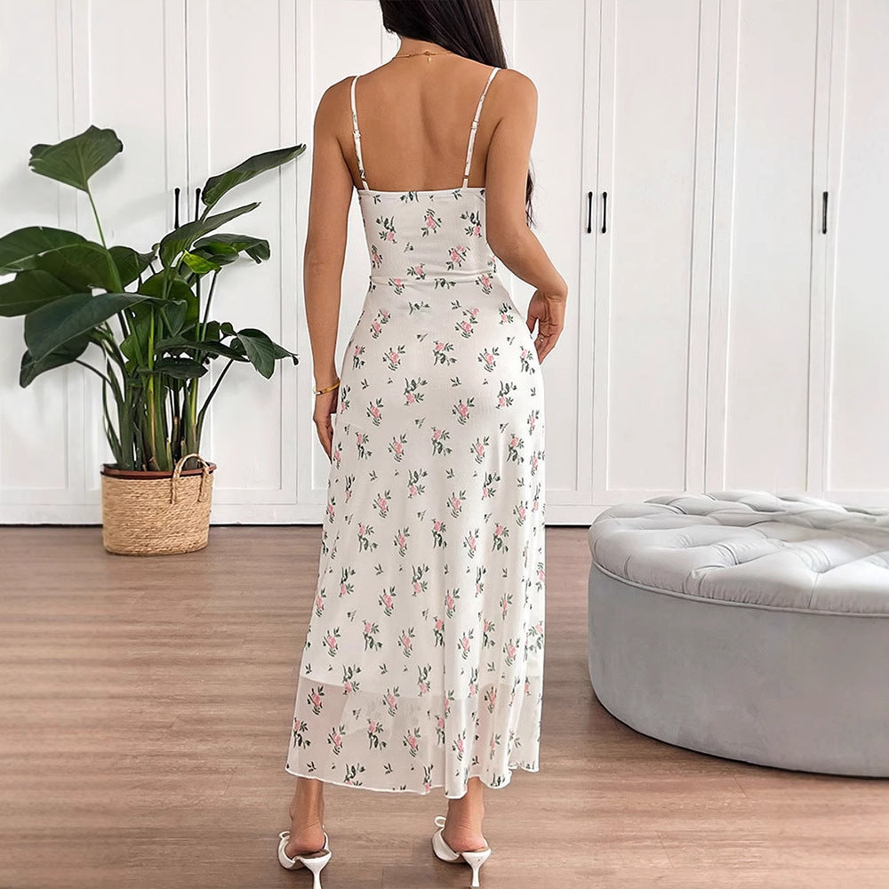 Damen Maxikleid mit feinen Spaghetti-Trägern und floralem Druck EB