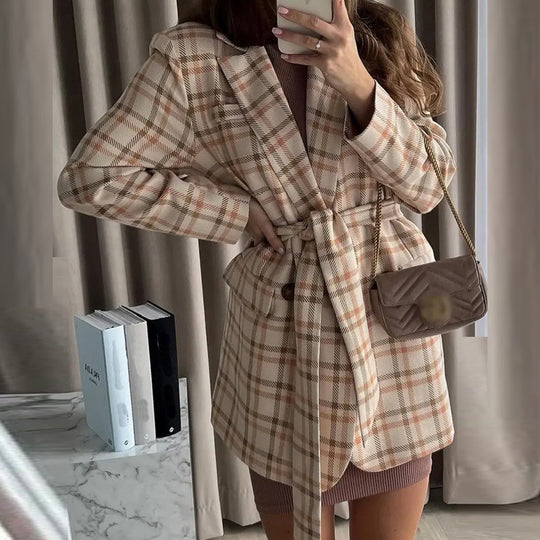 Damen Oversize karierter Mantelblazer mit Taillengürtel und aufgesetzten Taschen EB