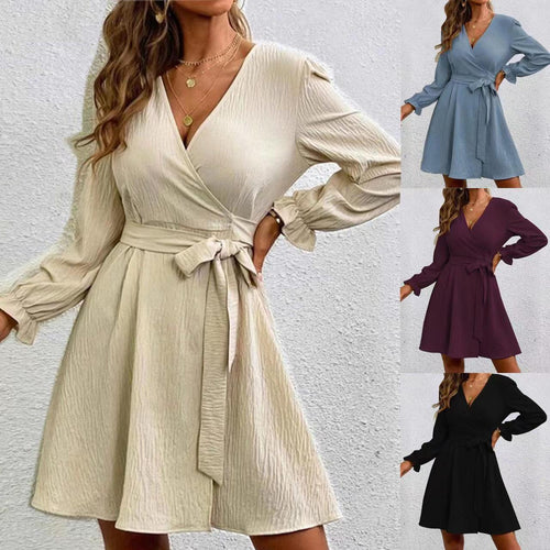 Damen Wickelkleid mit ausgestellten Ärmeln und Gürtel EB