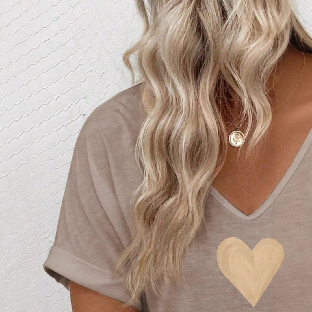 Damen lässiges V-Ausschnitt T-Shirt mit Herz-Zierdruck EB