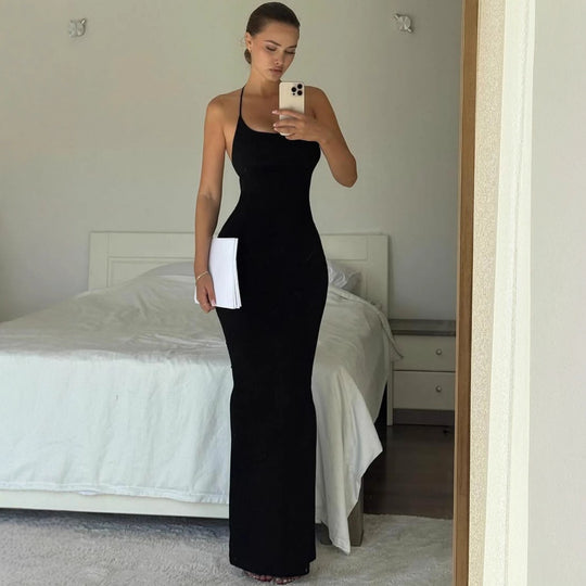 Damen elegantes Maxi-Kleid mit schmeichelndem Schnitt und raffiniertem Halterneck EB