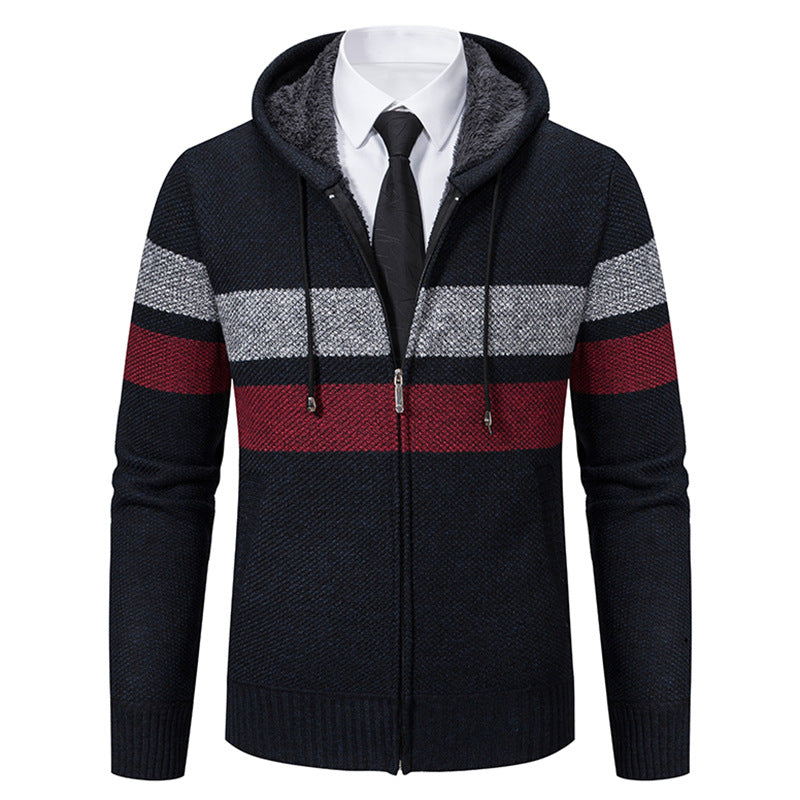 Herren nan gefütterte Kapuzen-Strickjacke mit Teddyfutter, durchgehendem Reißverschluss und kontrastierenden Streifen EB