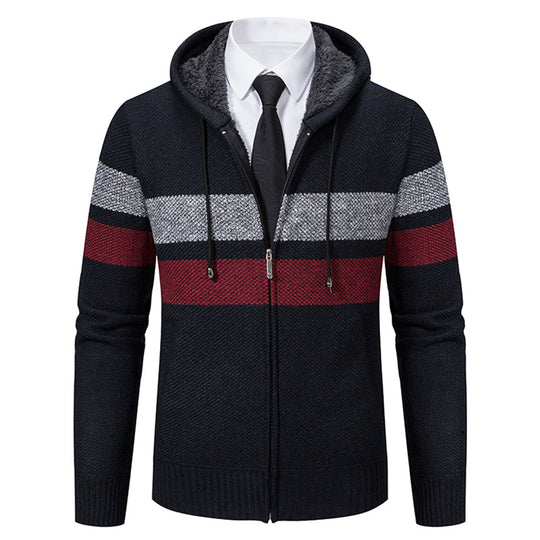 Herren nan gefütterte Kapuzen-Strickjacke mit Teddyfutter, durchgehendem Reißverschluss und kontrastierenden Streifen EB