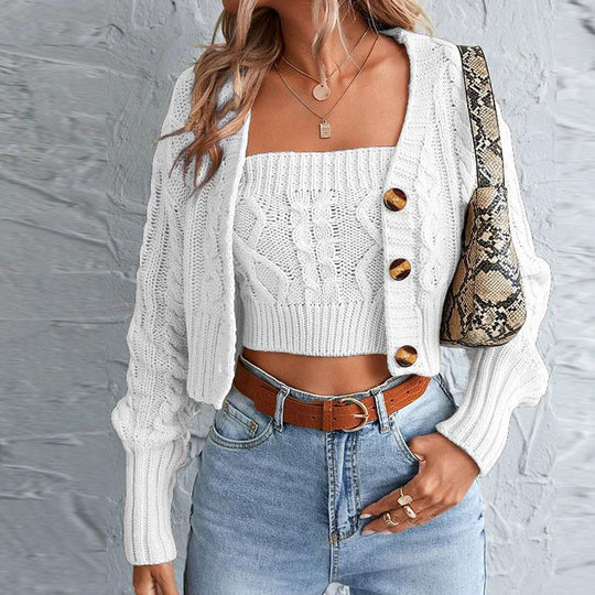 Damen gestricktes Set mit Cardigan und Crop-Top EB