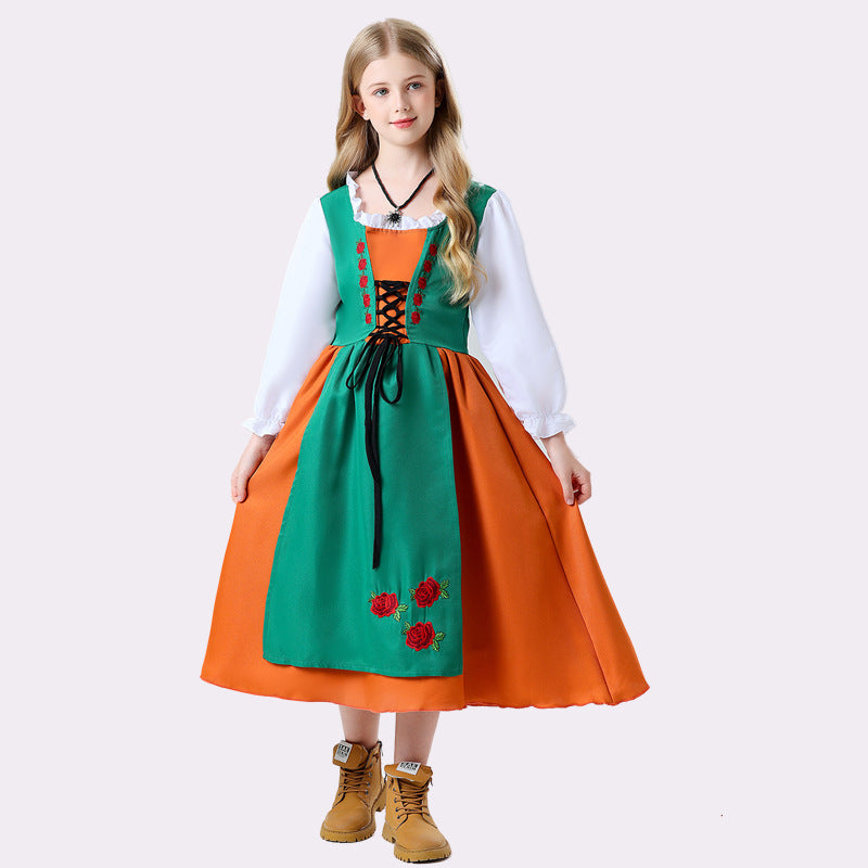 Damen nan folkloristisches Kinderdirndl mit geschnürtem Mieder und bestickter Schürze EB