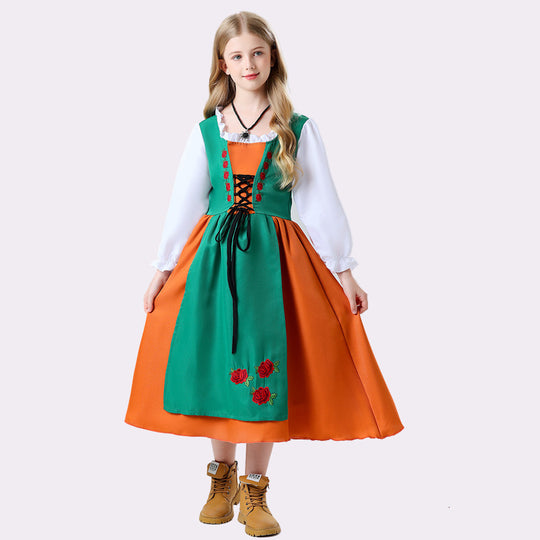 Damen nan folkloristisches Kinderdirndl mit geschnürtem Mieder und bestickter Schürze EB