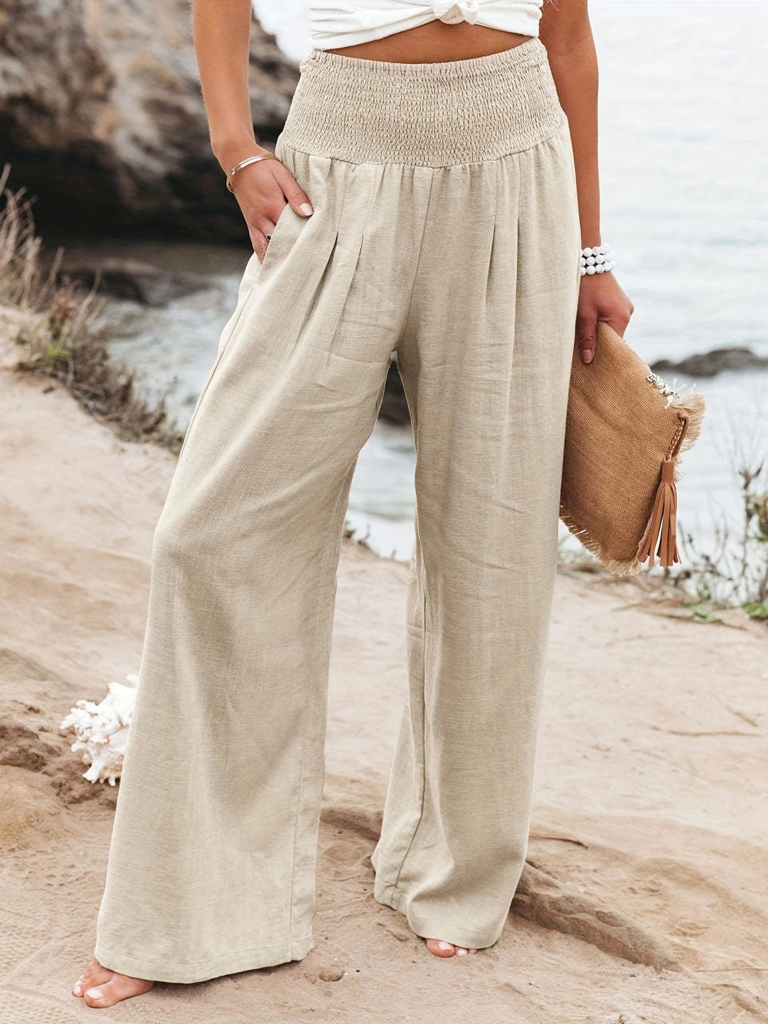 Damen weite Sommerhose mit elastischem Bund und elegantem Faltenwurf EB