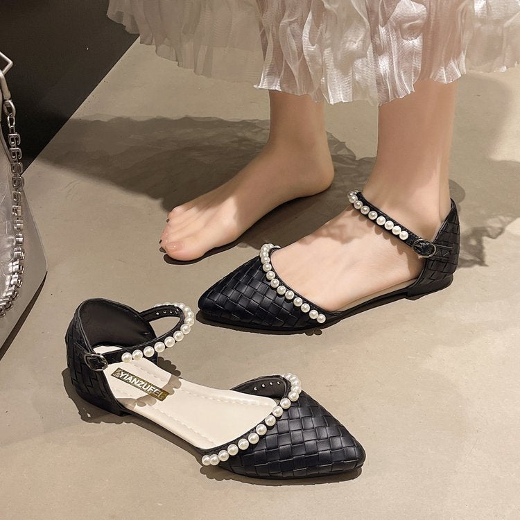 Damen elegante Ballerinas mit perlverziertem Riemen EB
