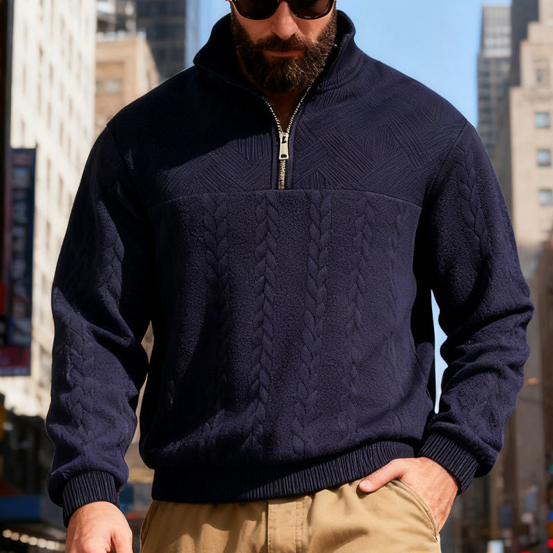 Herren nan strukturiertes Halfzip-Strickpullover mit Zopfmuster und hohem Stehkragen EB