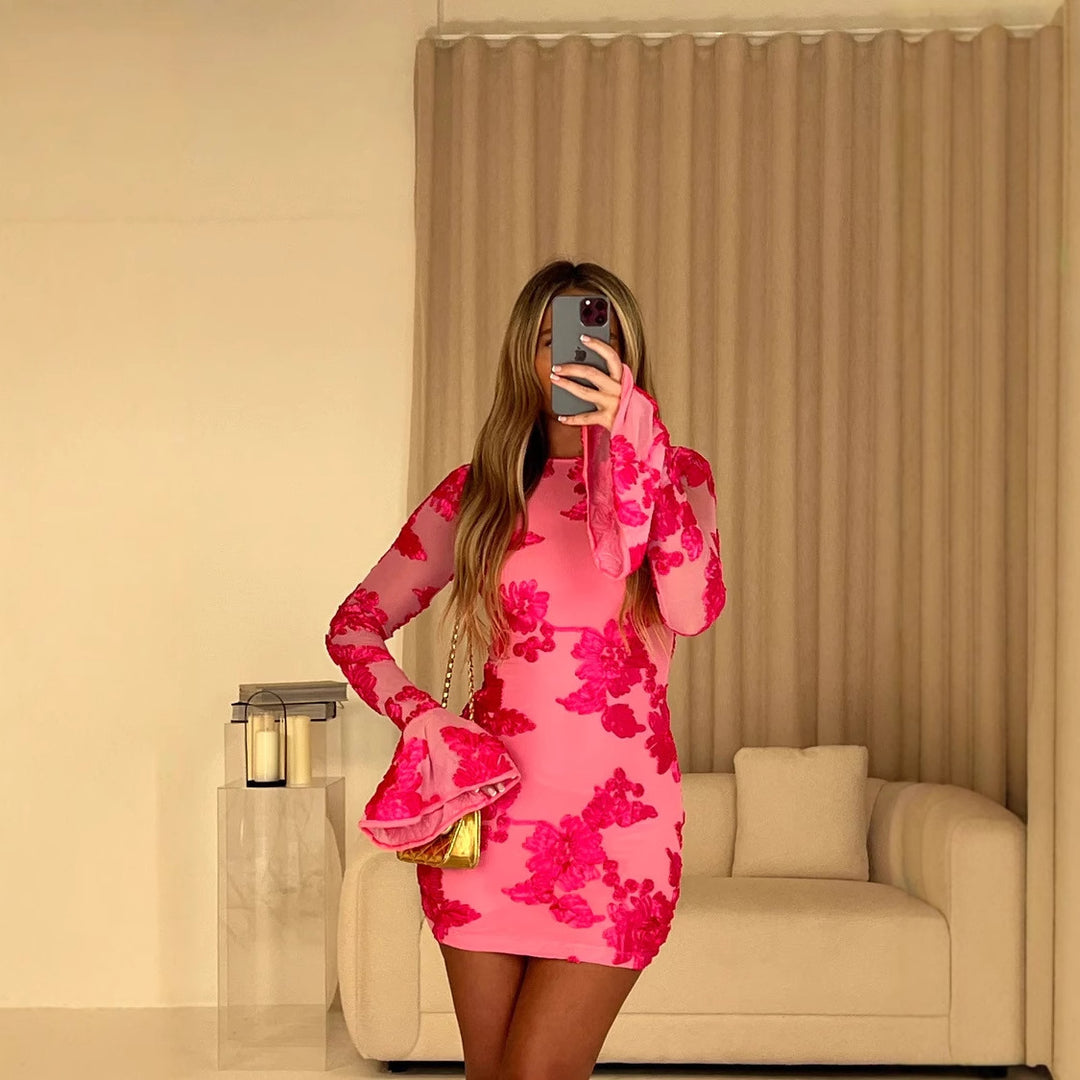 Damen Blusenkleid mit floralem Schmuckdesign und transparenten Ärmel EB