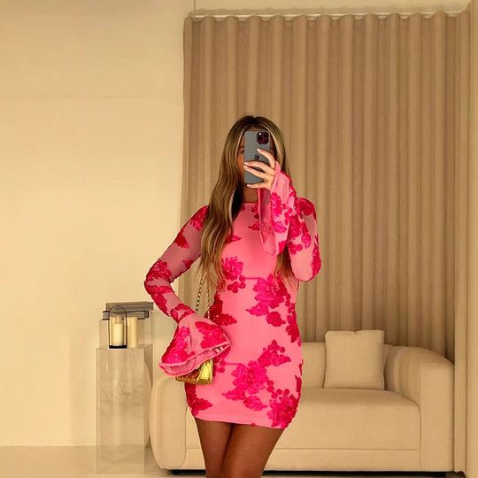 Damen Blusenkleid mit floralem Schmuckdesign und transparenten Ärmel EB