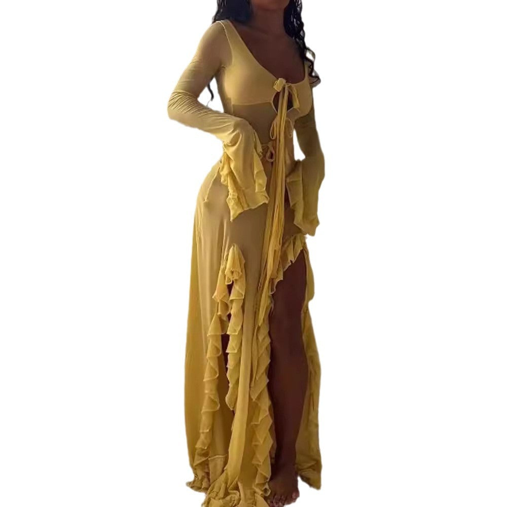Damen Maxikleid mit eleganten Rüschendetails und tiefem V-Ausschnitt EB