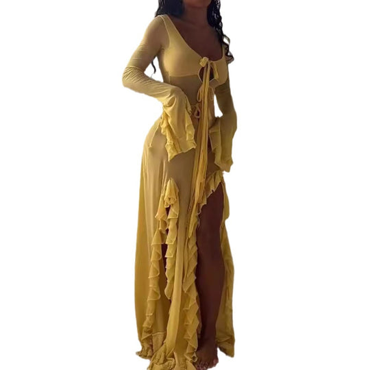 Damen Maxikleid mit eleganten Rüschendetails und tiefem V-Ausschnitt EB