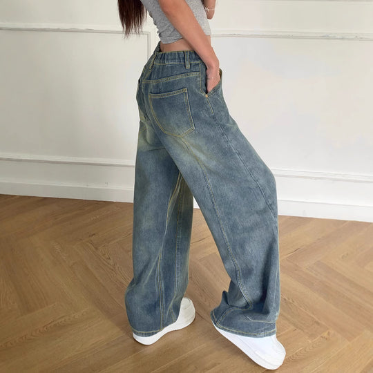 Damen Weite High-Waist Jeans mit markanten Steppnähten und weitem Schnitt EB