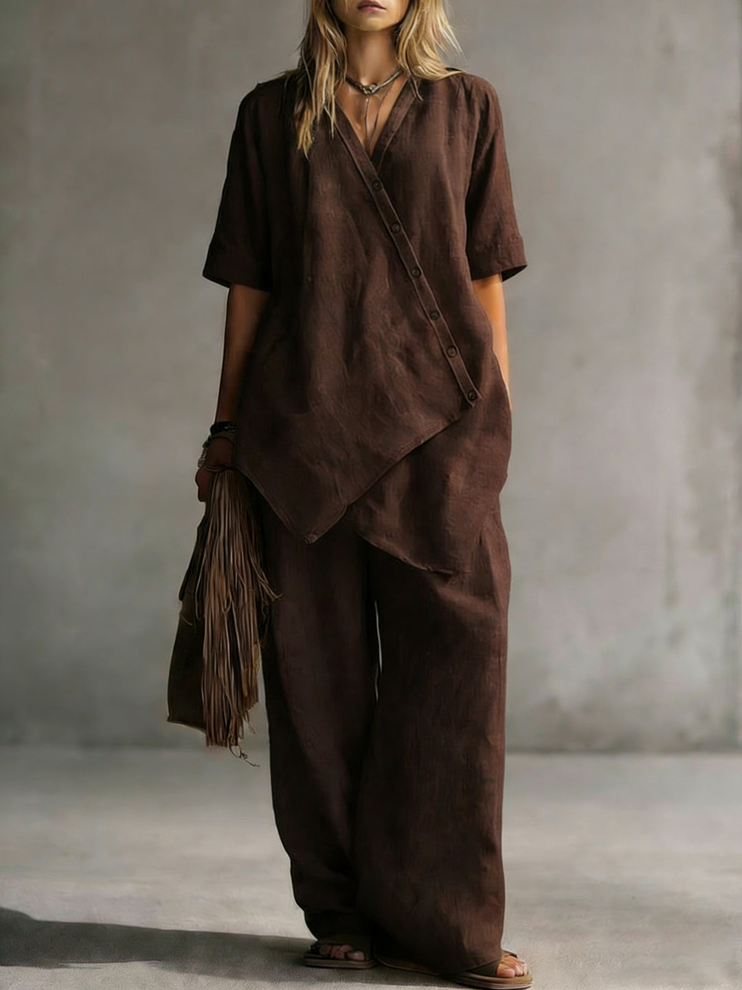 Damen Leinen-Zweiteiler mit asymmetrischer Knopfleiste und weiter Palazzo-Hose EB