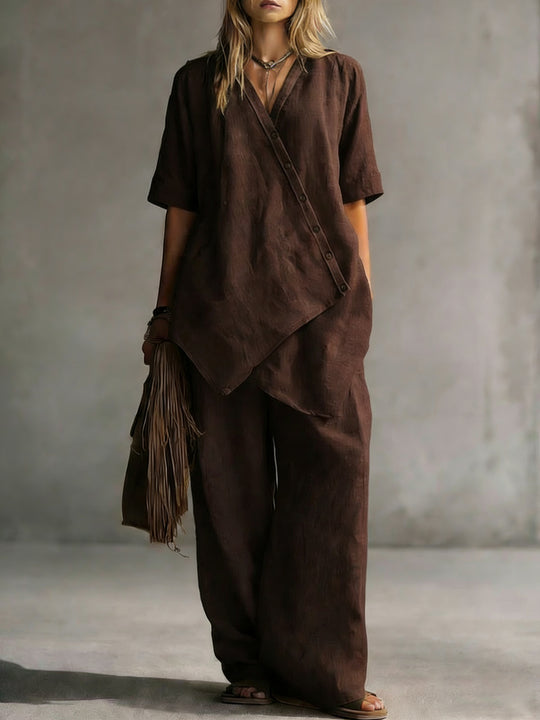 Damen Leinen-Zweiteiler mit asymmetrischer Knopfleiste und weiter Palazzo-Hose EB