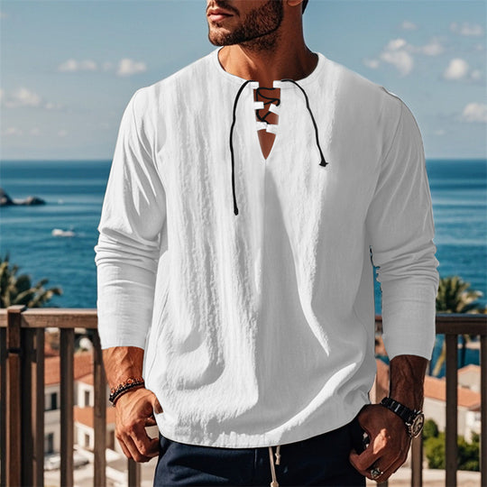 Herren modisches Langarmshirt mit Schnürung und V-Ausschnitt EB