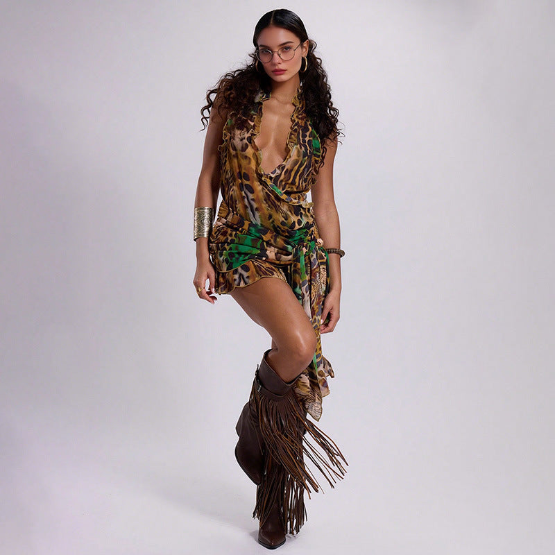 Damen raffiniertes Wickeltop mit tierischem Muster und Volant-Details EB