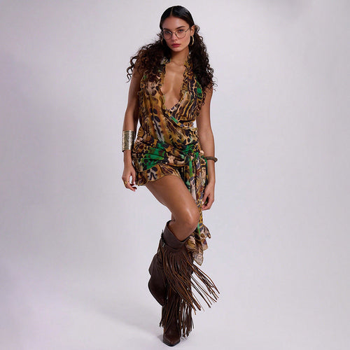 Damen raffiniertes Wickeltop mit tierischem Muster und Volant-Details EB