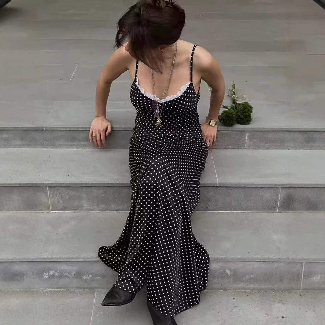 Damen Maxikleid mit Punkten und eleganter Spitzenverzierung EB
