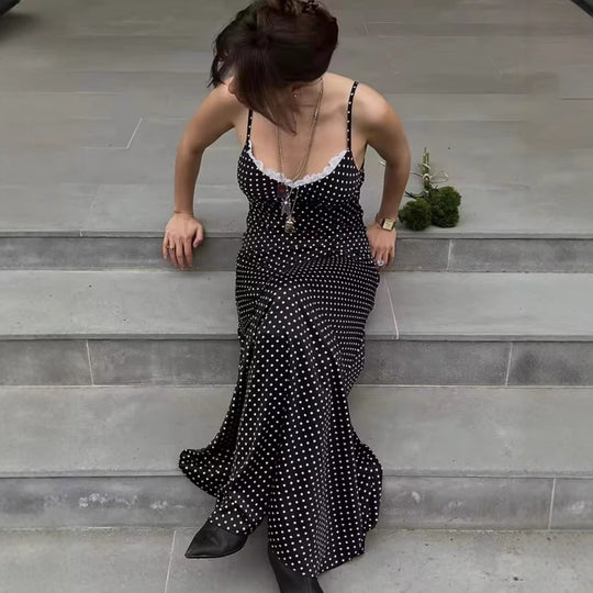 Damen Maxikleid mit Punkten und eleganter Spitzenverzierung EB