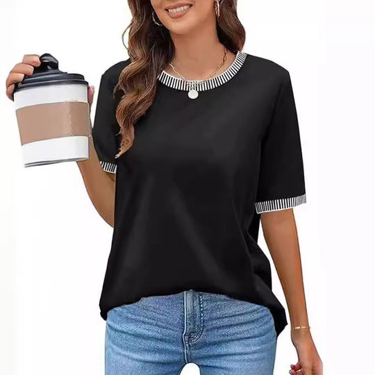 Damen Lässiges Kurzarm-Shirt mit Modischem Streifenkragen EB