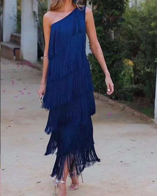 Damen Fransen Maxikleid mit asymmetrischem Schnitt und elegantem Detail EB