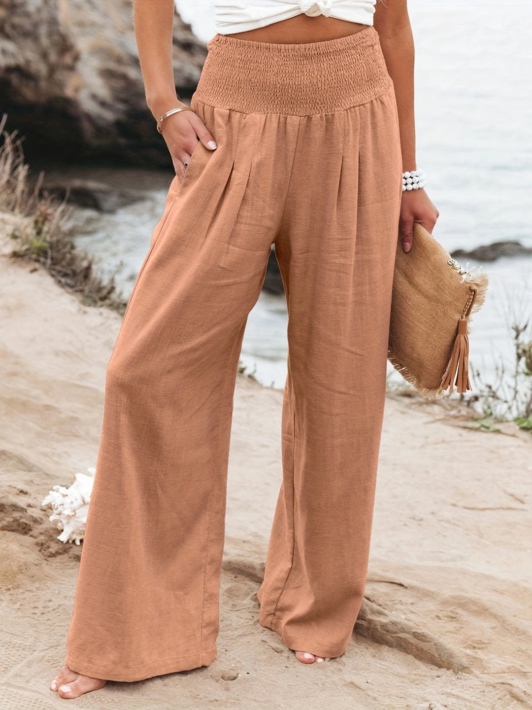 Damen weite Leinenhose mit elastischem Bund EB