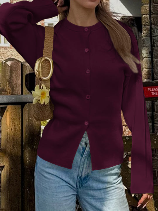 Damen nan taillierte Strickjacke mit asymmetrischer Knopfleiste und Rundhalsausschnitt EB