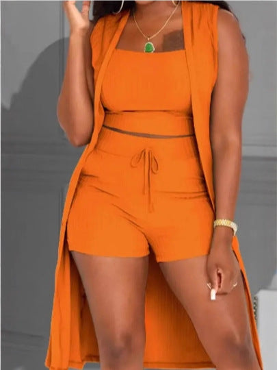 Damen lässiges 3-teiliges Set bestehend aus Crop-Top, Shorts und langem Cardigan EB